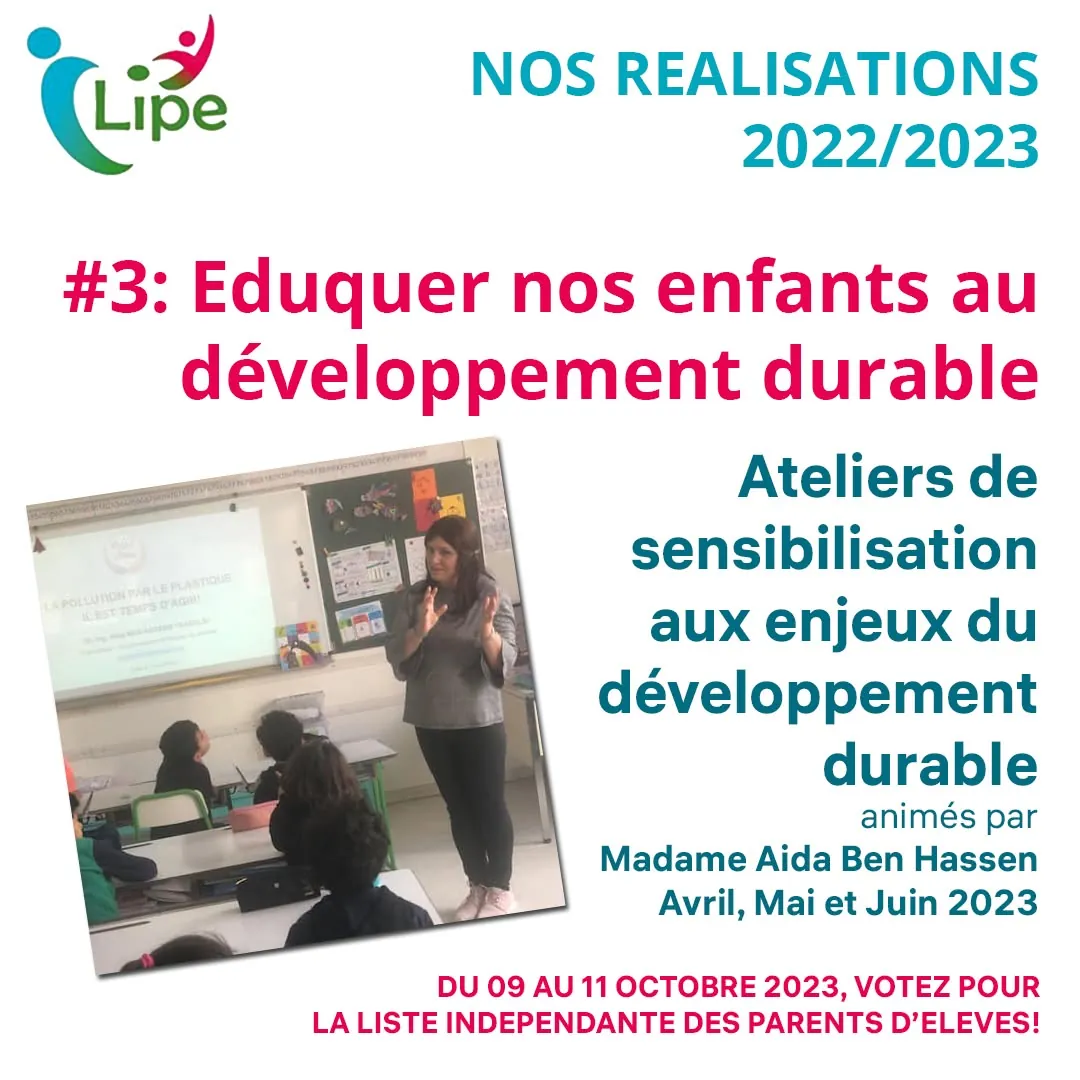 Planche « Nos réalisations 2022-2023 » publiée par la LIPE le 03/10/2023 : un atelier sur la pollution plastique en classe