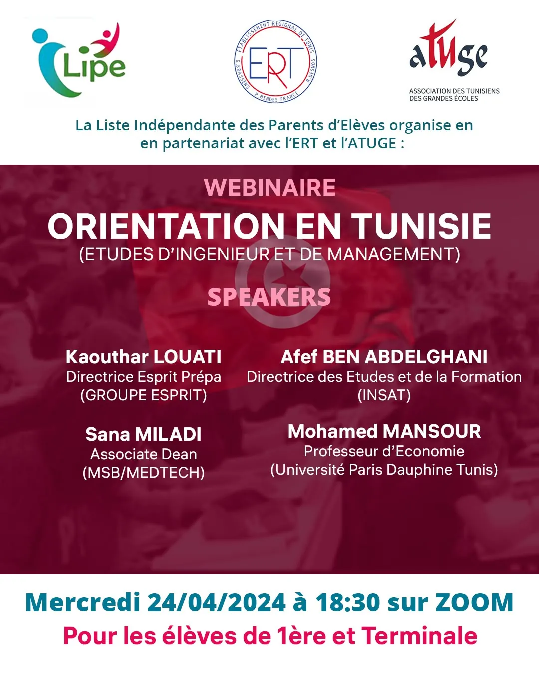 Affiche du webinaire d'orientation du 24/04/2024, organisé par la LIPE avec l'ERT et l'ATUGE
