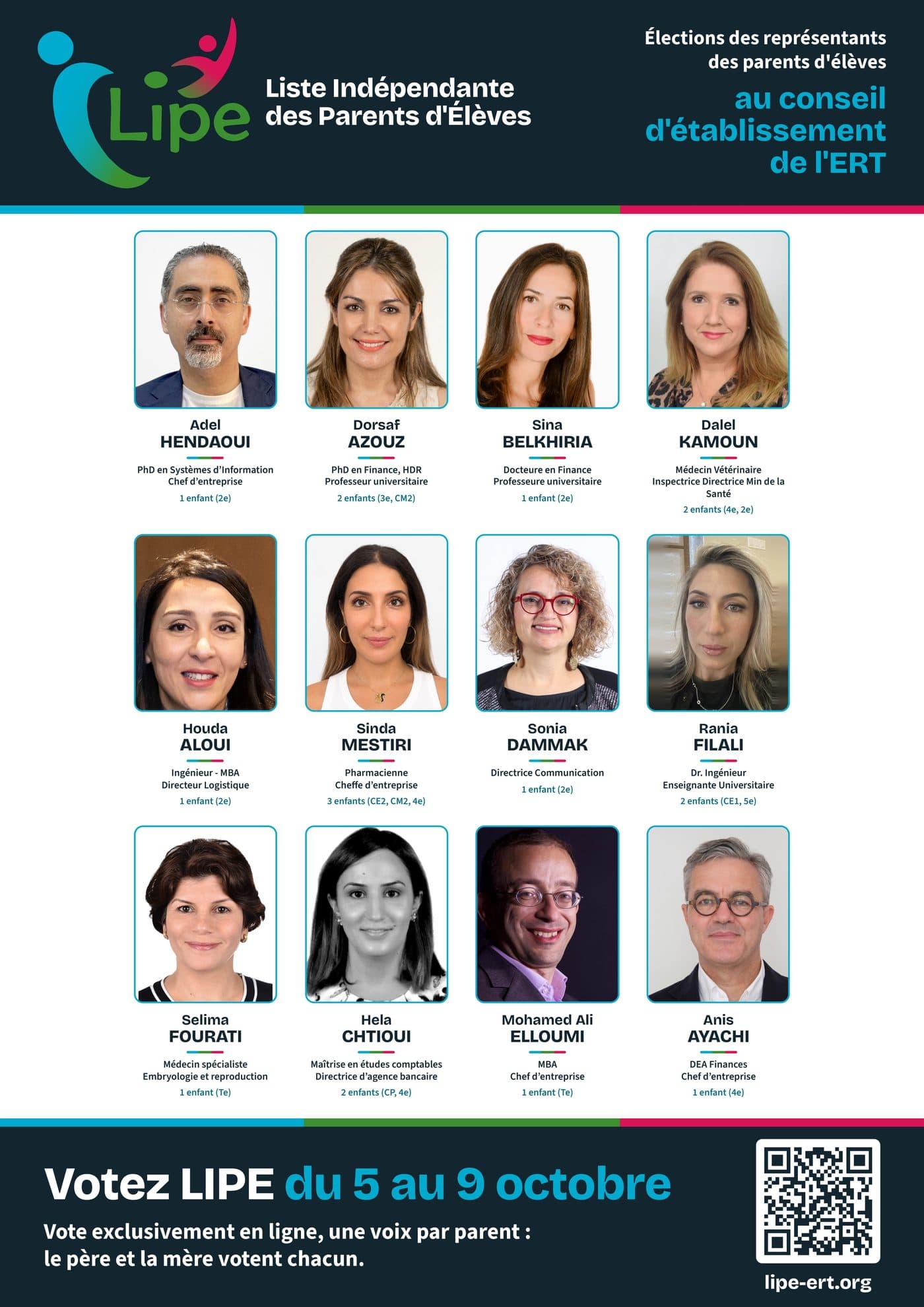 Trombinoscope des douze candidats de la LIPE au conseil d'établissement de l'ERT, avec leur photo, leur profession et les classes de leurs enfants.