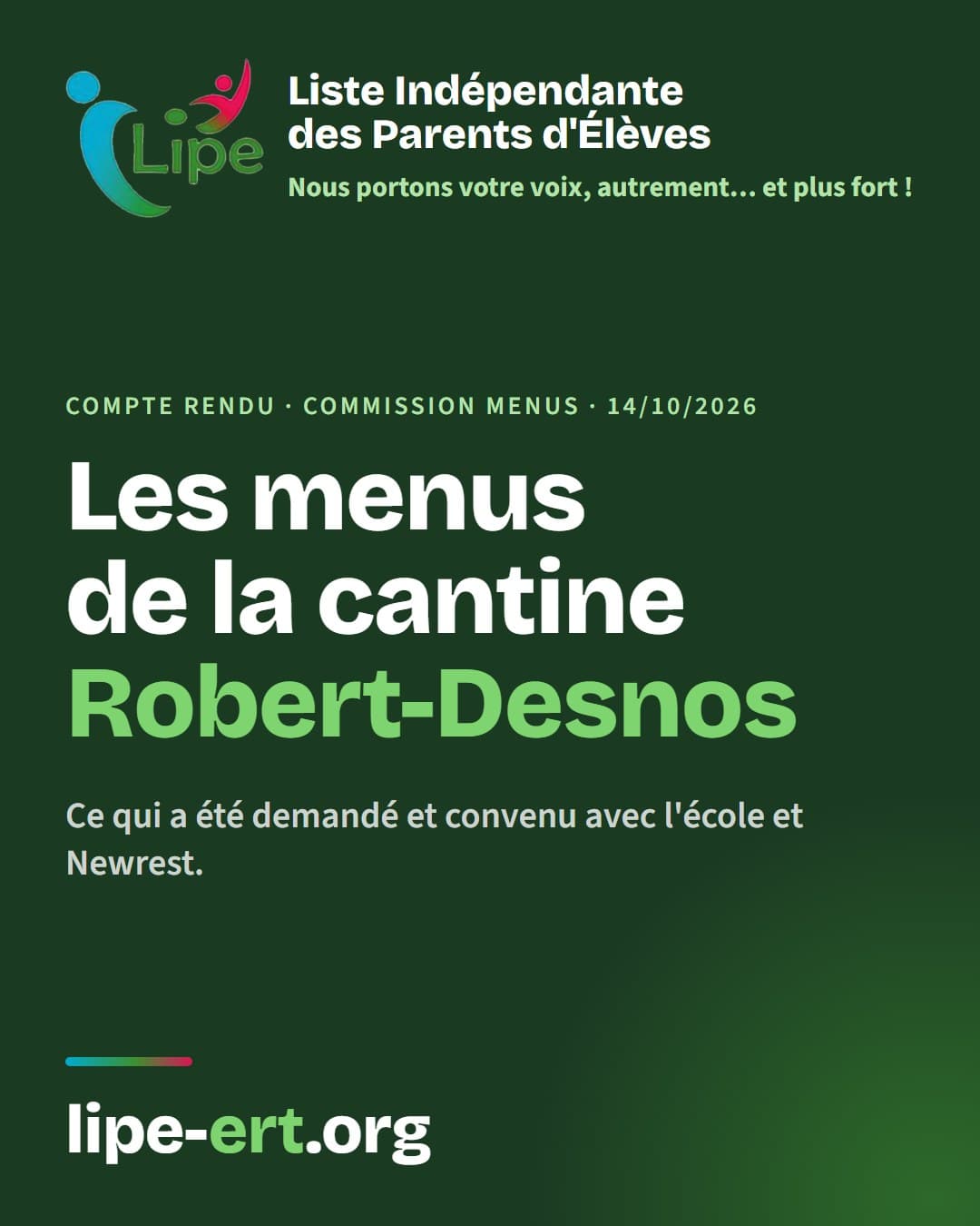 Compte rendu de la commission menus du 14/10/2026 : les menus de la cantine de Robert-Desnos, ce qui a été demandé et convenu avec l'école et Newrest.