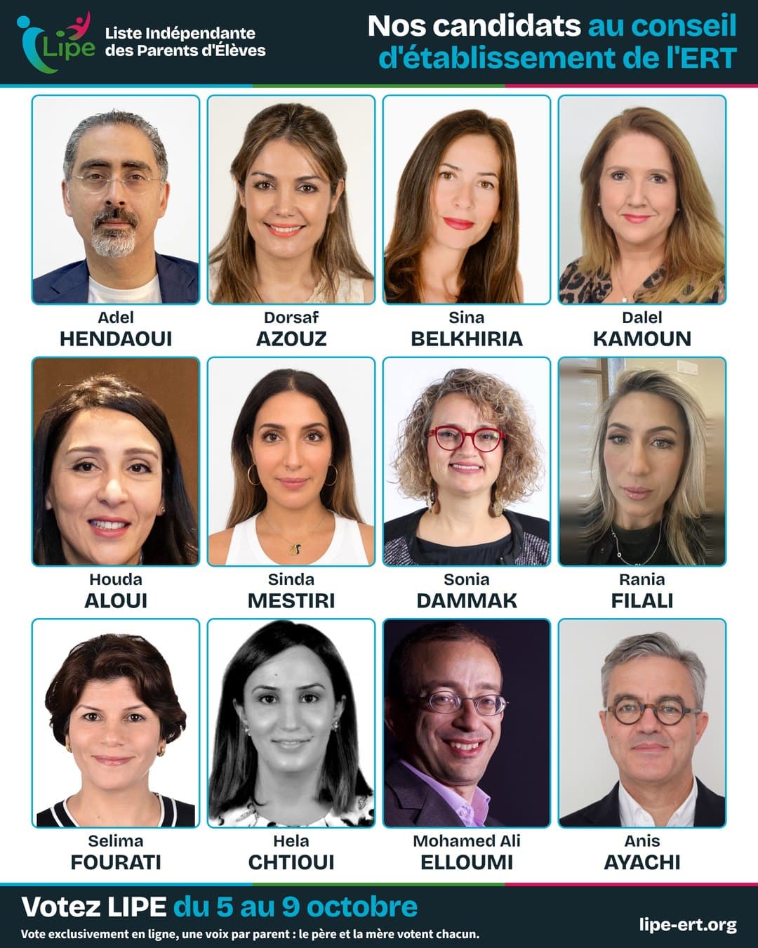 Les douze candidats de la LIPE au conseil d'établissement de l'ERT, photo, prénom et nom.