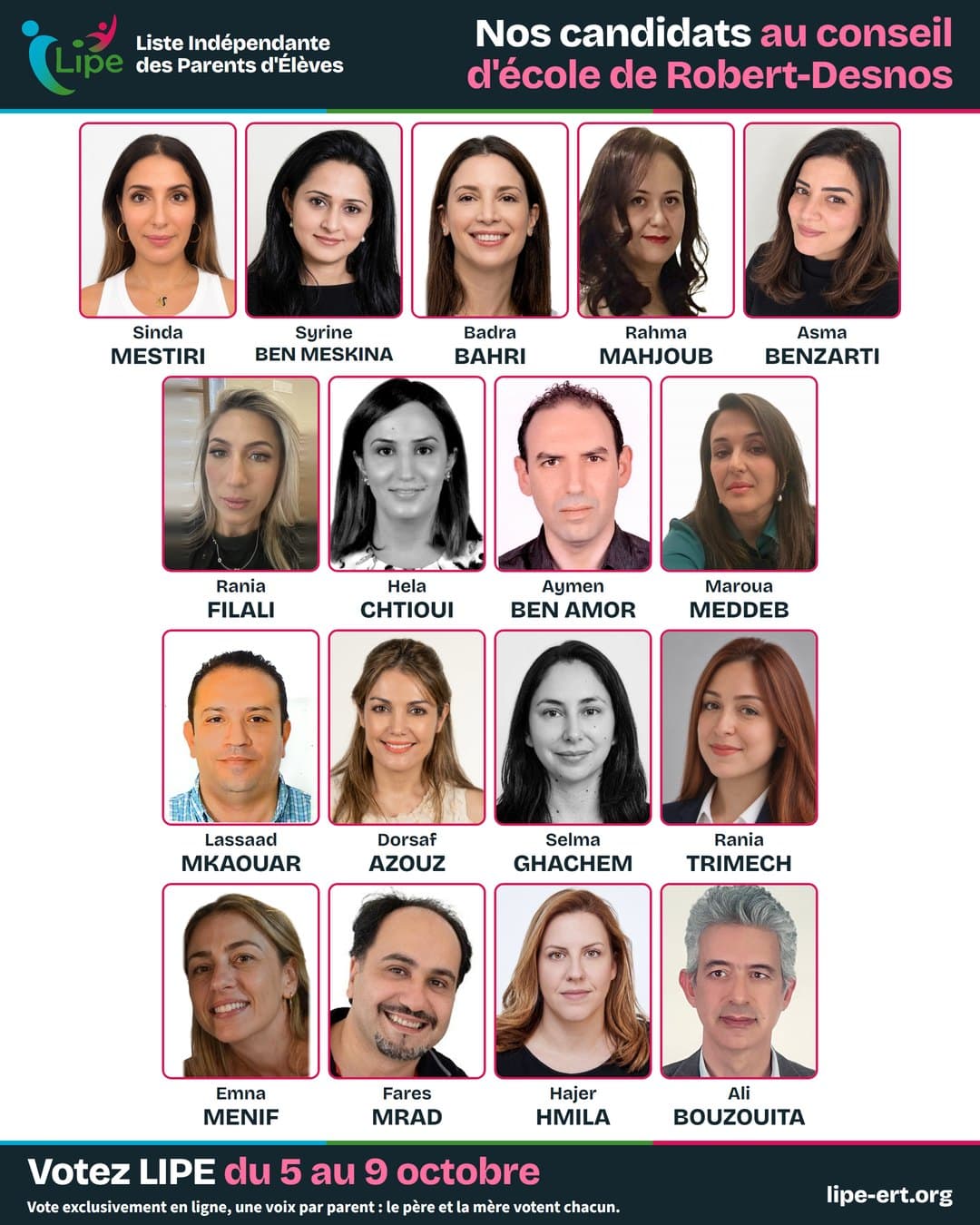 Les dix-sept candidats de la LIPE au conseil d'école de Robert-Desnos, photo, prénom et nom.