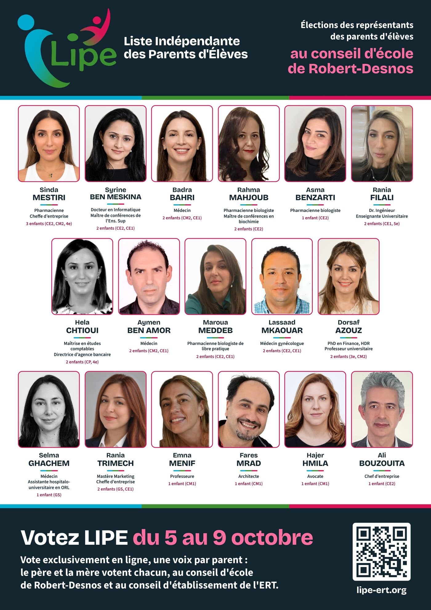 Trombinoscope des dix-sept candidats de la LIPE au conseil d'école de Robert-Desnos, avec leur photo, leur profession et les classes de leurs enfants.