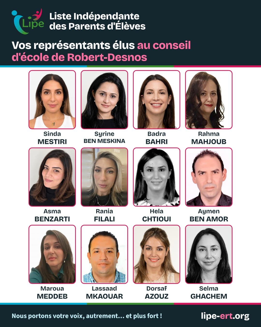 Trombinoscope des douze élus de la LIPE au conseil d'école de Robert-Desnos, avec leur photo, leur prénom et leur nom.